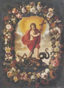 A Floral Garland Surrounding A Cartouche Of Christ Triumphant Over Sin