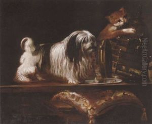 A Maltese Terrier With A Cat Attacking A Caged Bird And A Tambourine On A Wooden Table Beside A Cushion On A Stool