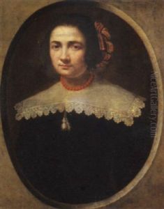 Ritratto Femminile In Abito Nero, Colletto Di Merletto, Collana Rossa E Acconciatura Con Fiocchi