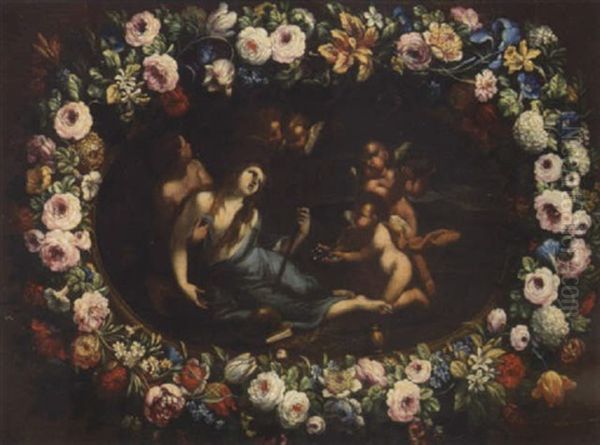 The Penitent Magdalene Presented With The Instruments Of The Passion By Angels, Within A Garland Of Flowers - view 1