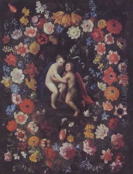 Ghirlanda Di Fiori Con Il Gesu Bambino E San Giovannino - view 1