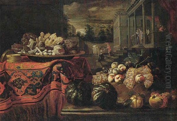 Still Life Of Glaciered Fruit On A Table With An Oriental Carpet, A Wicker Basket Of Fresh Fruit On A Table Nearby And A Country Villa With Figures Beyond - view 1