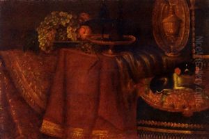 Fruit On A Platter With Glasses On A Tazza, On A Draped Table, And A Dog On An Embroidered Cushion by Pier Francesco Cittadini
