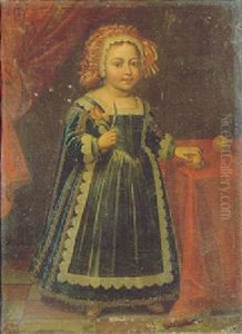 Portrait Of A Young Girl Wearing A Lace-trimmed Dress, An Elaborate Head-dress, Holding A Tulip In Her Right Hand Standing In An Interior