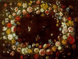 A Garland Of Flowers With Goldfinches, A Kingfisher And A Butterfly