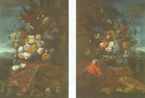 Flowers In A Basket By A Terracotta Urn, On A Carpet, A Pair Of Guinea Pigs Nearby