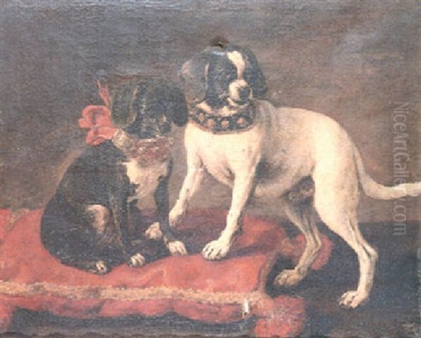 Two Spaniels On A Red Velvet Cushion In An Interior - view 1