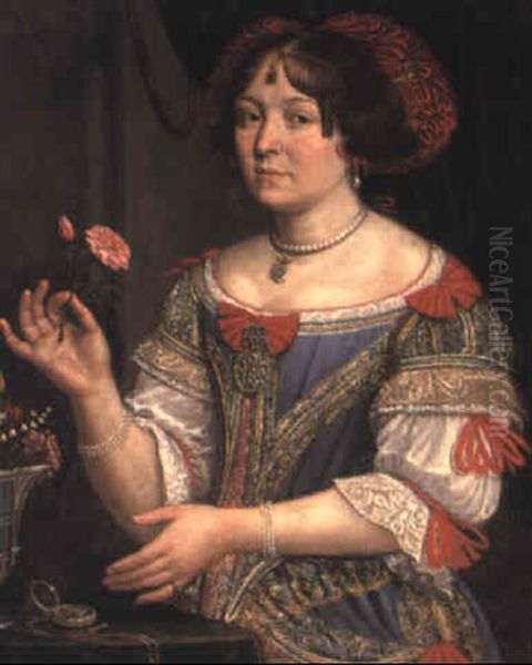 Portrait Of A Lady In A Blue And Red Dress - view 1