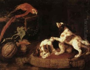 Two Spaniels Upon A Gold Brocaded Cushion One Barking At A  Macaw Parrot Perched On A Table Beside Some Melons