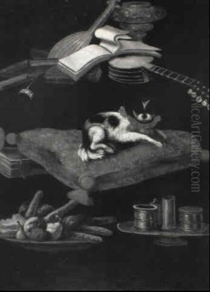 A Spaniel On An Embroidered Cushion With A Plate Of         Sweetmeats, Condiments, Books And Musical Instruments - view 1