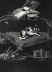 A Spaniel On An Embroidered Cushion With A Plate Of Sweetmeats, Condiments, Books And Musical Instruments by Pier Francesco Cittadini