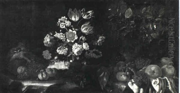 Still Life Of Grapes, Apples And Peaches With Flowers In An Urn And A White Cloth All In A Landscape With A Squirrel... - view 1