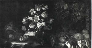 Still Life Of Grapes, Apples And Peaches With Flowers In An Urn And A White Cloth All In A Landscape With A Squirrel...