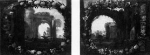 A Garland Of Assorted Flowers- Surrounding An Architectural Ruin... Surrounding Classical Buildings.. by Pier Francesco Cittadini