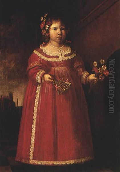 Portrait Of A Young Girl Wearing Red And Holding A Fan And Aposy Of Flowers - view 1