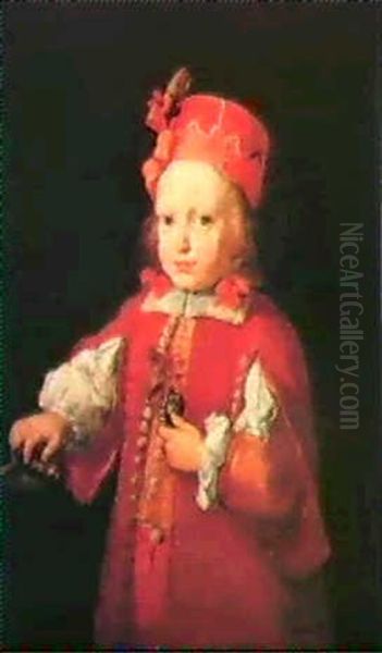 Portrait Of A Boy, Half Lengthwearing A Red Tunic With Slashed Sleeves And A Red Cap,with A Dagger On A Table - view 1