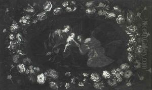 The Madonna And Child With An Angel Surrounded By Garlands  Of Flowers by Pier Francesco Cittadini