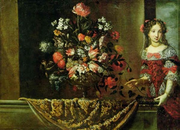 A Young Lady Standing Beside A Table With A Large Vase Of Flowers Draped With A Brocade Cloth - view 1