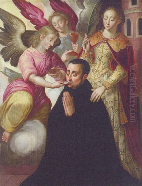 A Male Saint Receiving Communion From Angels With Saint Barbara - view 1