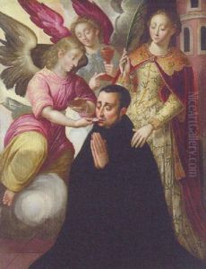 A Male Saint Receiving Communion From Angels With Saint Barbara