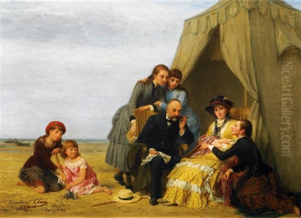 Die Junge Kunstlerin. Grosfamilie Am Strand, Ein Werk Der Begabten Bewundernd - view 1