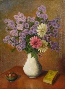 Stillleben Mit Blumenstraus, Buch Und Dose