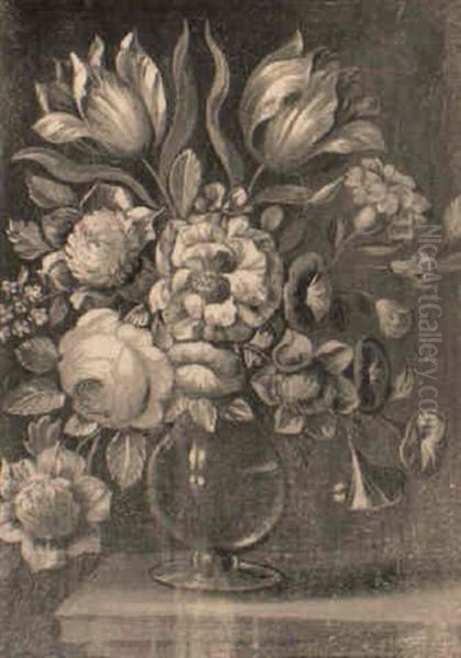 Tulips, Carnations, Camellias And Colvulvius In A Vase - view 1