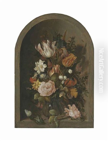 Roses, Tulips, And Other Flowers In A Glass Vase With Insects And A Lizard In A Stone Niche - view 1