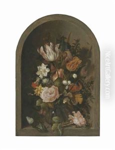 Roses, Tulips, And Other Flowers In A Glass Vase With Insects And A Lizard In A Stone Niche by Anthony Claesz the Younger