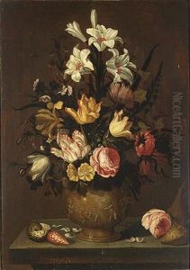 A Still Life With White Lilies, Tulips, Roses, Marigolds, Daffodils And Other Flowers In A Stone Vase, Together With A Rose And Shells On A Stone Ledge by Anthony Claesz the Younger