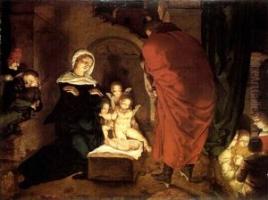 The Nativity With A Shep- Herb Playing The Bagpipe And      Children Singing