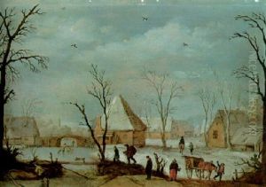 Village In Winter With Peasants And A Traveller On A Track With A Footbridge Over A Frozen Waterway by Reyer Claesz