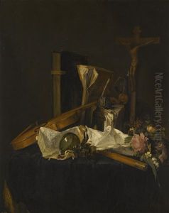 A Vanitas Still Life Of A Violin, Books, An Inkwell, Manuscripts, A Roemer, A Flute, A Crucifix And A Wreath Of Flowers On A Cloth Covered Table by Jacques Grief De Claeuw