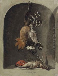 De A Hoopoe And Finches In A Carved Stone Niche by Jacques Grief De Claeuw