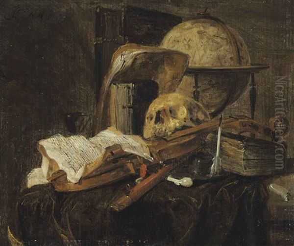 A Skull, Globe, Pipe, Quill Pen, Books And Papers On A Draped Table - view 1