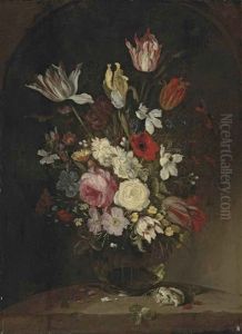 Roses, Carnations, Tulips, Poppy, An Iris, Pansies And Other Flowers In A Glass Vase, With A Seashell On A Marble Ledge