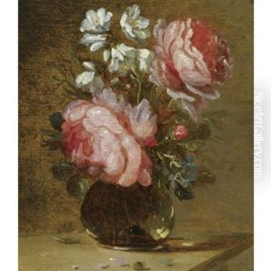 Still Life Of Roses, Forget-me-nots And Other Flowers In A Glass Vase On A Wooden Table by Jacques Grief De Claeuw