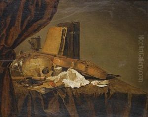 A Vanitas With A Skull, Musical Instruments, Books, A Letter And Playing Cards On A Table Top