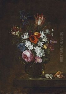 A Rose, A Tulip, An Iris, Poppies, And Other Flowers In A Glass Vase, With Seashells On A Table by Jacques Grief De Claeuw
