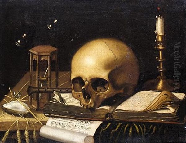 A Vanitas Still Life Of A Skull, A Candle, An Hourglass, A Pipe, And A Sheet Of Music On A Wooden Table With Bubbles Above - view 1