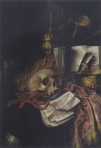 A Vanitas Still Life With A Skull, A Bokaal, A Pocket Watch, A Music Score And A Flute by Jacques Grief De Claeuw