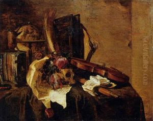 A Vanitas Still Life With A Globe, Books, A Skull, A Violin, A Flute, A Letter And Flowers On A Draped Ledge by Jacques Grief De Claeuw