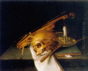 A Vanitas: A Skull Decorated With Ears Of Corn, A Music Book, A Document, And Other Objects On A Stone Ledge