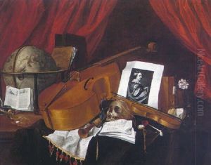 A Vanitas Still Life With A Globe, A Cello And Other Instruments, A Portrait Of Sir Anthony Van Dyck And Other Objects Before A Swagged Curtain by Jacques Grief De Claeuw