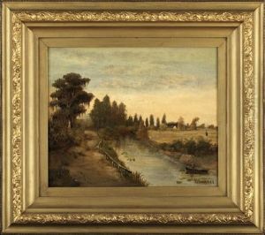 Early Morning View Of A Louisiana Bayou Landscape With A Fisherman In A Pirogue And A Hunter Holding A Rifle, A Homestead Beyond