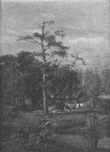 Louisiana Cabins Under The Live Oaks And Black Figures Doing Laundry by Richard Clague