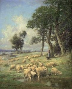 Schaferin Mit Ihrer Herde Bei Einem Teich Am Waldrand by Charles H. Clair