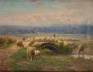 Berger Et Ses Moutons Dans Un Paysage by Charles H. Clair