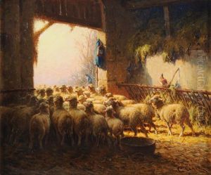 Hirte Und Schafherde Im Stall by Charles H. Clair