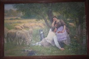 Jeune Bergere Et Son Troupeau De Moutons by Charles H. Clair
